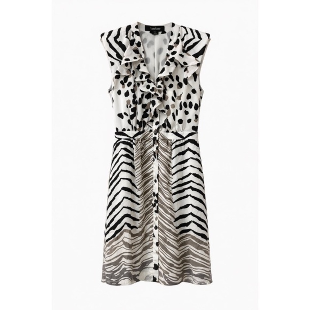 Bebe Ruffle Front Animal Print‎ Dress Size Small Zebra Leopard Mixed Print - Picture 3 of 17